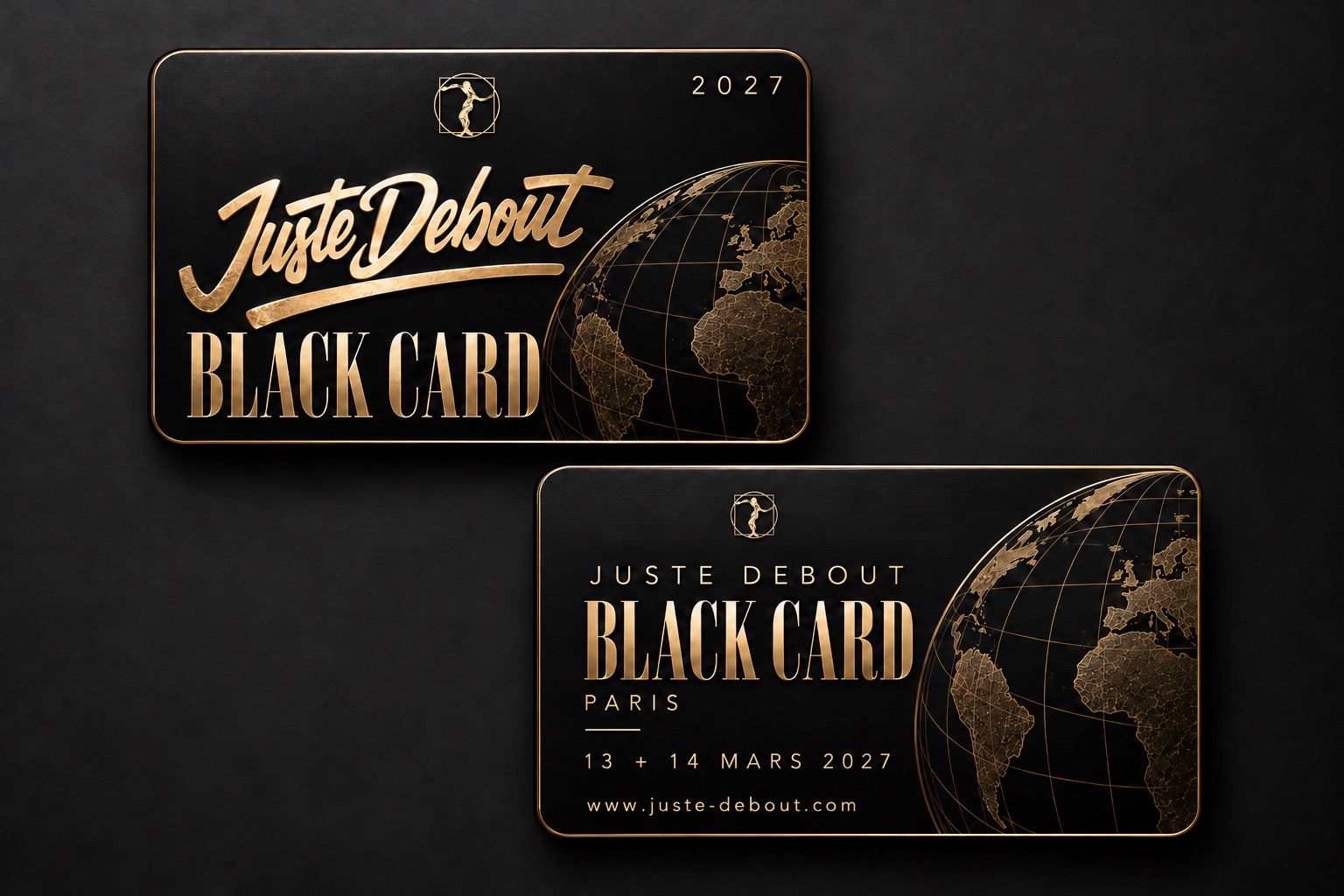 Visuel officiel Black Card Juste Debout 2027, cartes noires et dorées